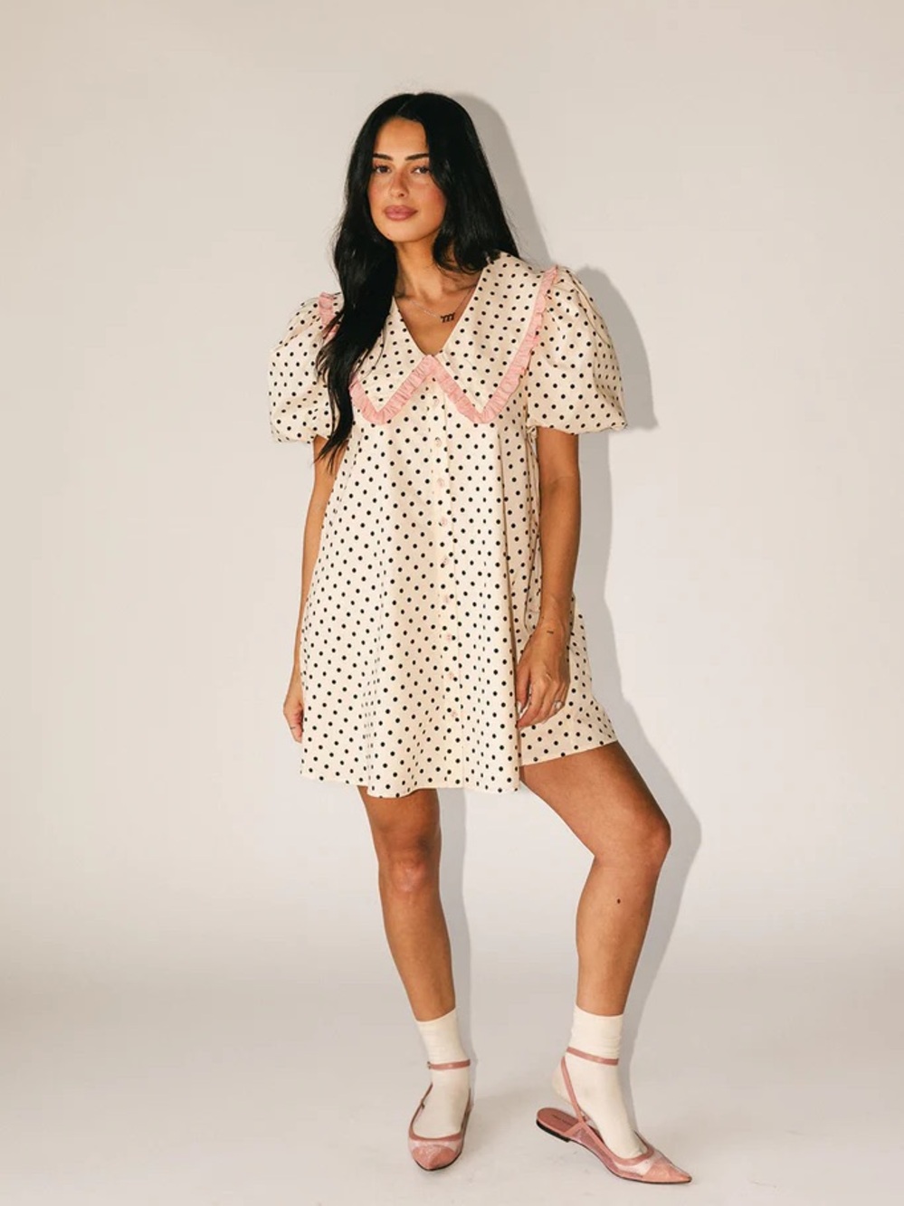Polka Dot Mini Dress with Pink-Trim Collar